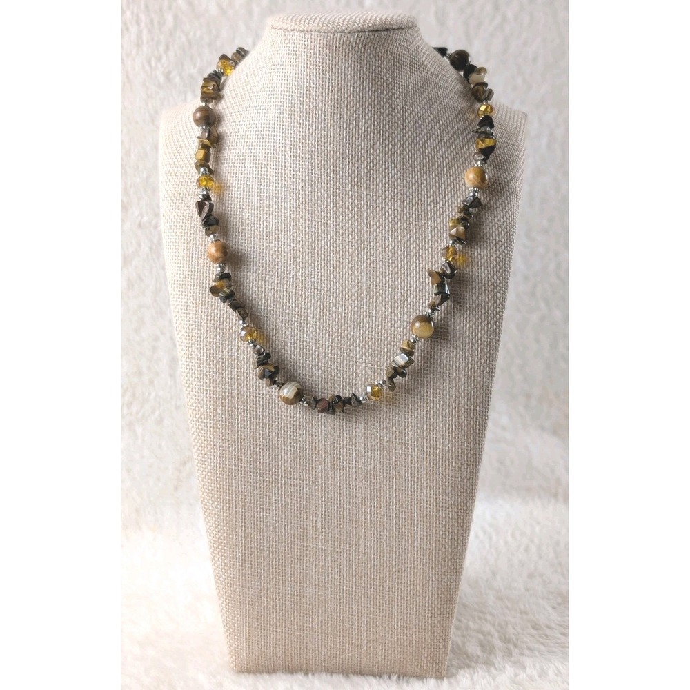 Tiger's Eye Beaded Necklace Brown Gold Gemstone‎ Chips Glass Crystal Extender